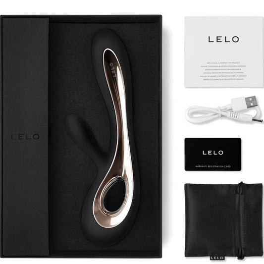 LELO product with packaging, USB cable, and warranty card on a white background