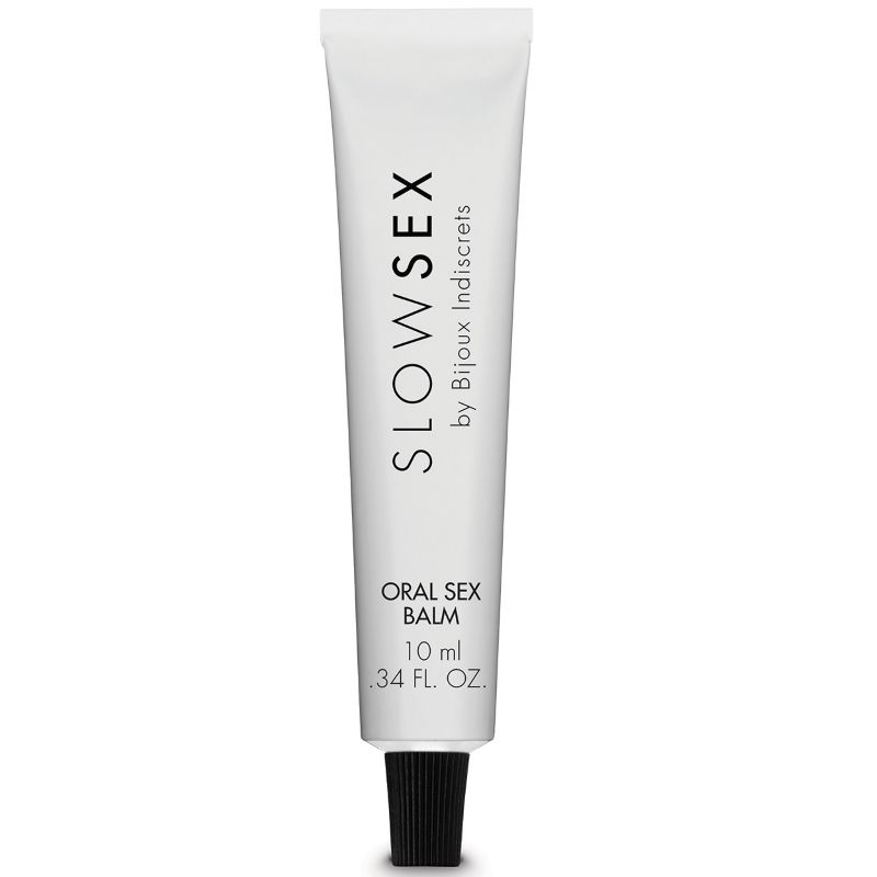 Tube of Slow Sex oral sex balm on a white background