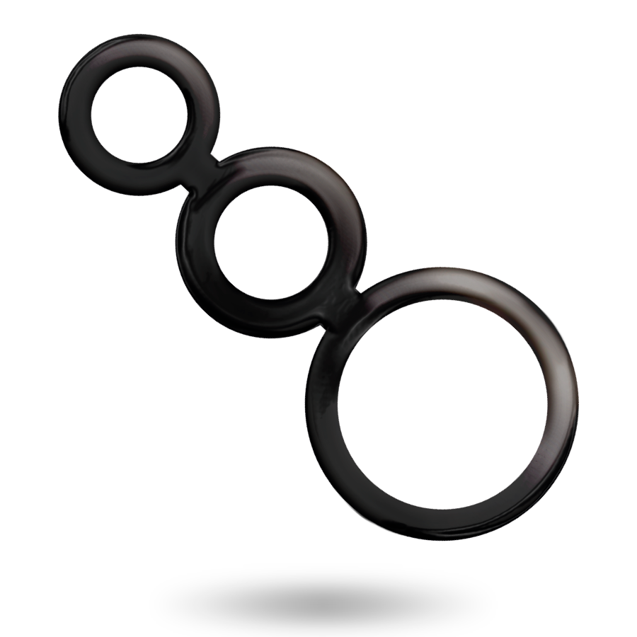 Black three-ring object on a white background