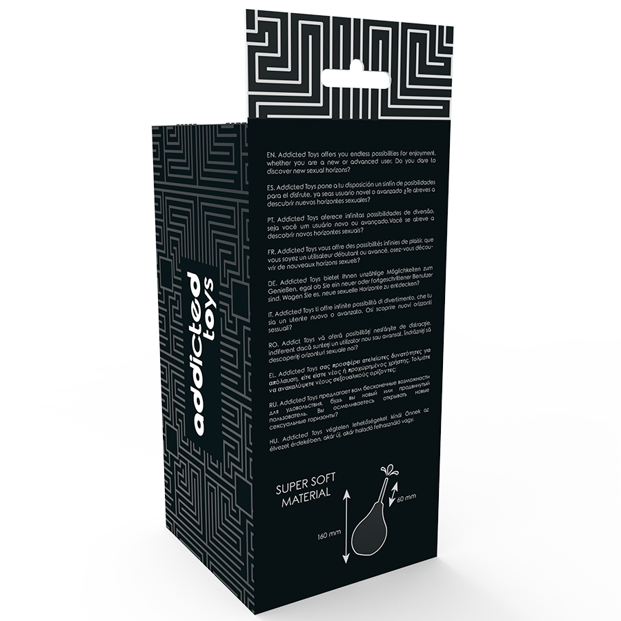 Black packaging box with 'addicted toys' branding and text on a white background