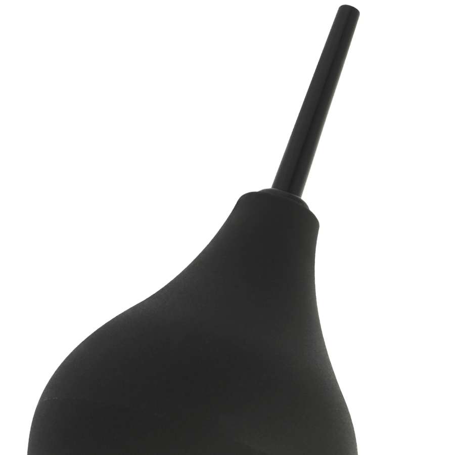Black enema bag with a flexible hose on a white background