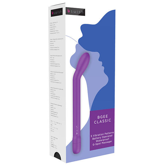 Purple G-Spot massager with packaging on a white background