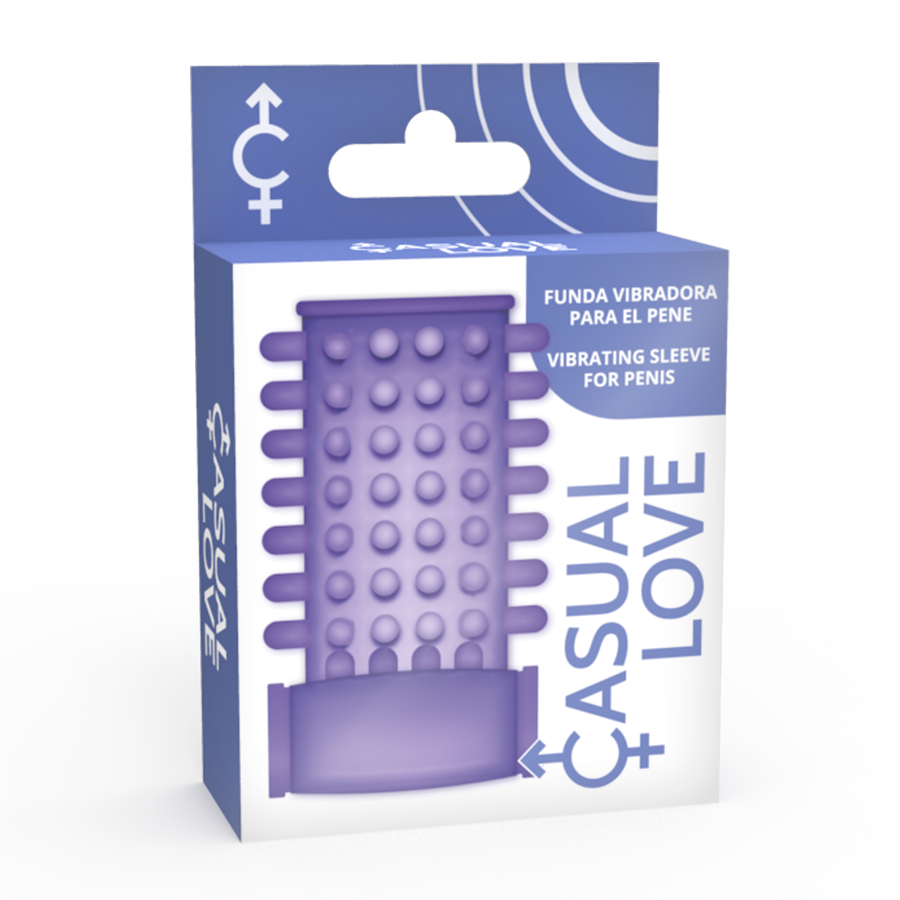 Purple vibrating sleeve packaging with 'Casual Love' branding on a white background