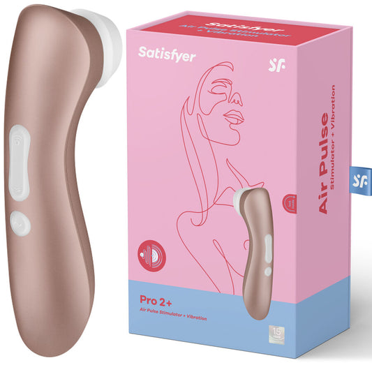 Satisfyer Pro 2+ air pulse stimulator with packaging on a white background