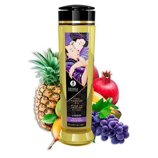 Shunga massage oil bottle with fruits on a white background
