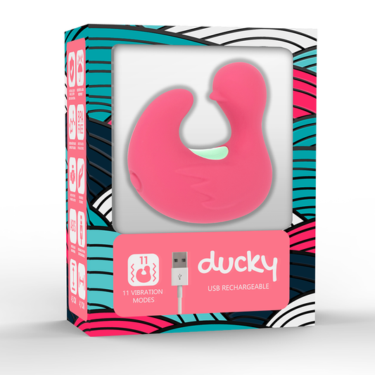 Pink 'ducky' USB rechargeable device in colorful packaging on a white background