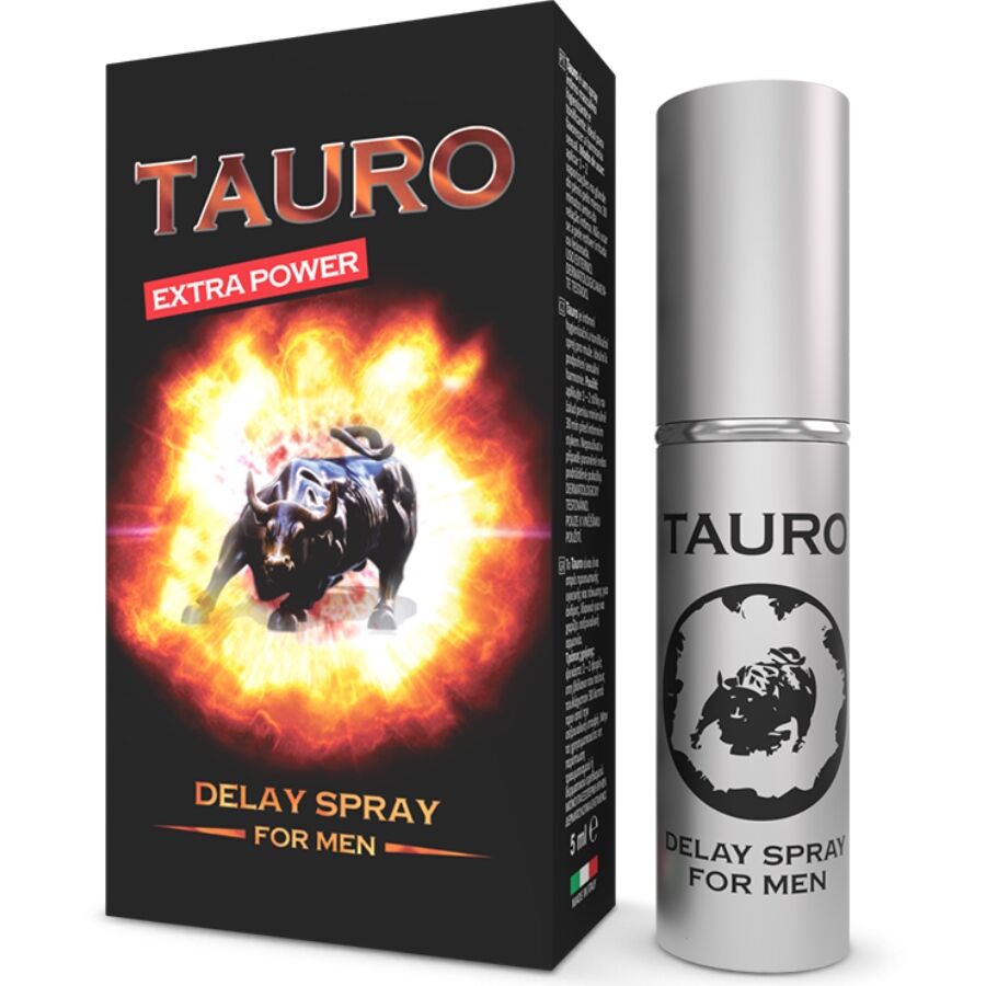 Tauro Extra Power delay spray packaging with a bull illustration on a black background