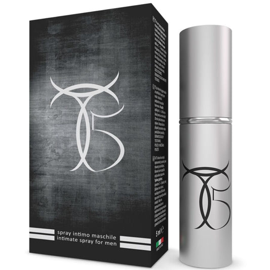 Silver intimate spray bottle with black box featuring a logo on a white background