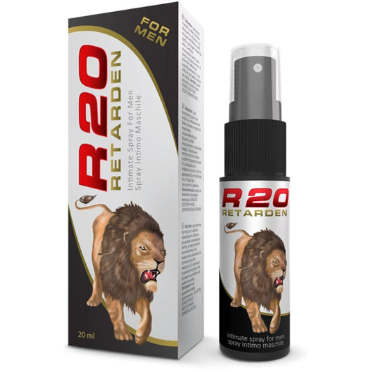 R20 Retarden spray bottle and packaging with a lion illustration on a white background