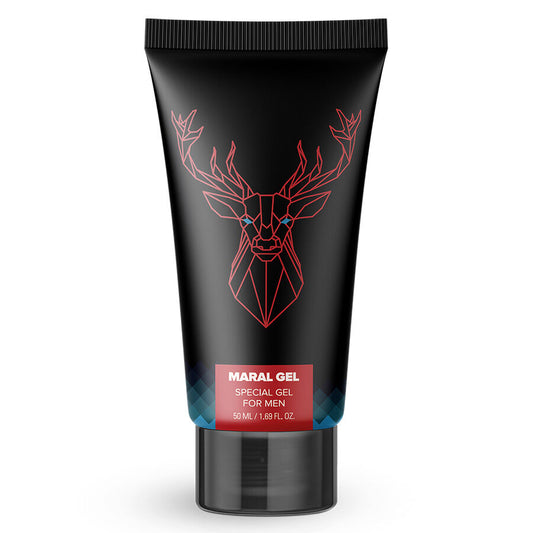 Black tube of Maral Gel with red deer design on a white background