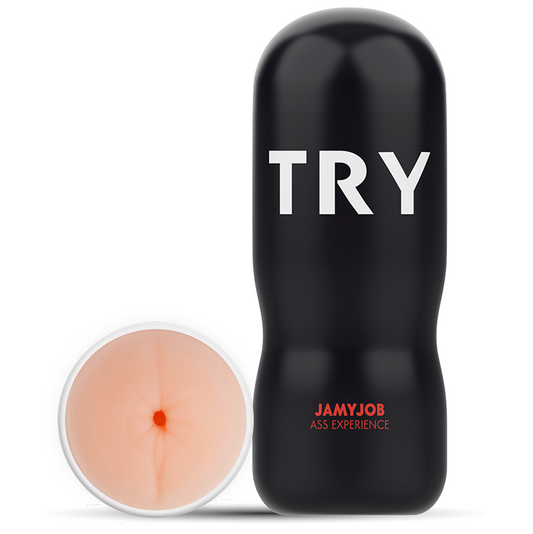 Black product with 'TRY' text and a close-up of a pink product labeled 'Jamy Job Ass Experience' on a white background.
