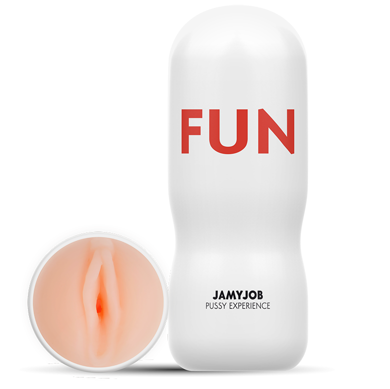 White product with 'FUN' and 'JAMYJOB' text, showing a close-up of a vulva design.