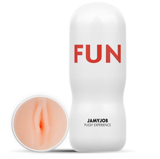 White product with 'FUN' and 'JAMYJOB' text, showing a close-up of a vulva design.
