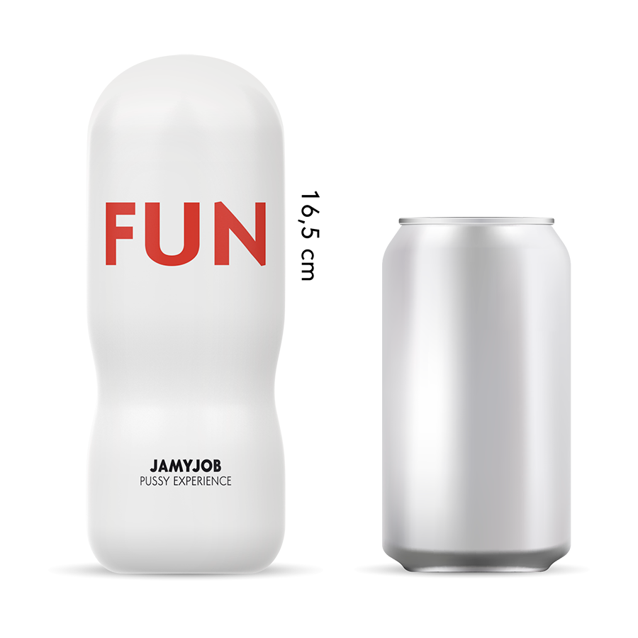 White cylindrical product with 'FUN' text next to a silver can on a white background