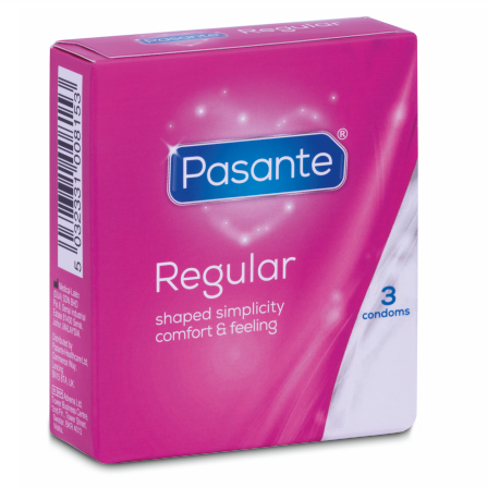 Pasante regular condoms packaging on a white background