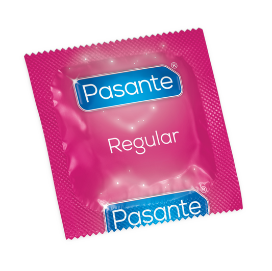 Pink condom package with Pasante branding on a white background