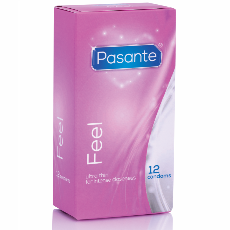 Pink packaging of Pasante Feel condoms on a white background