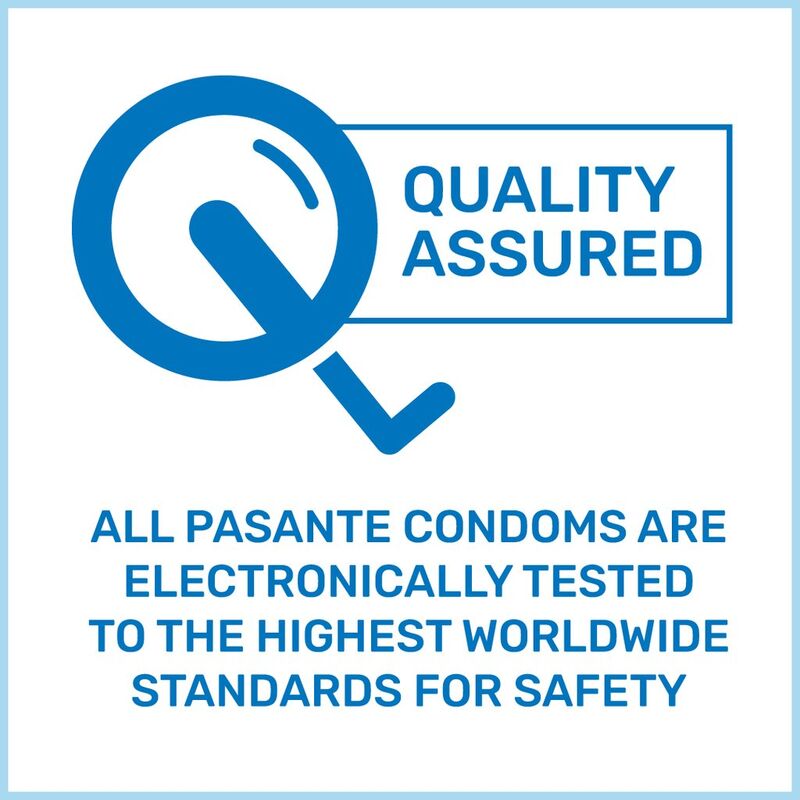 Quality assured logo with text about Pasante condoms being tested to safety standards.