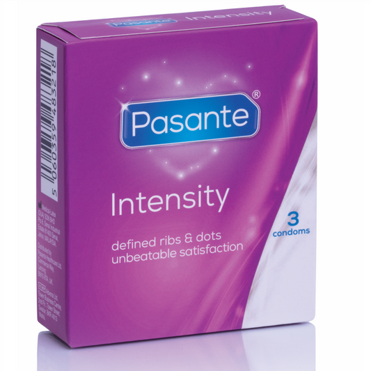 Pasante Intensity condom packaging on a white background