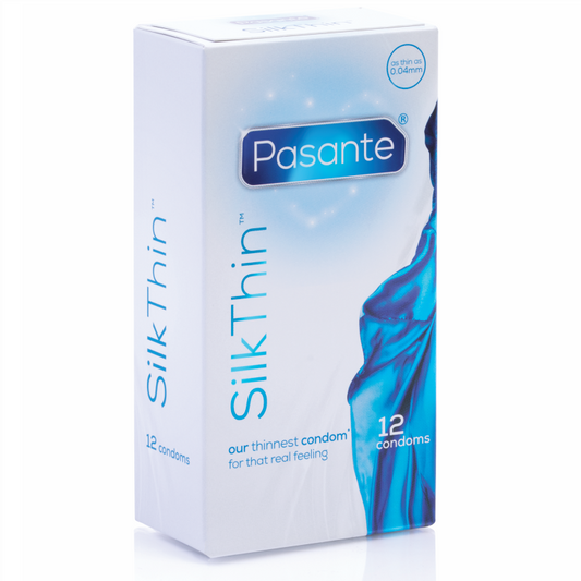 Box of Pasante Silk Thin condoms on a white background