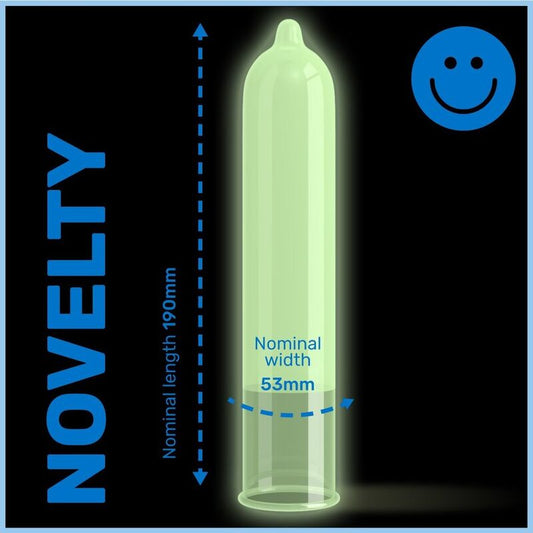 Glowing green condom with measurements and 'Novelty' branding on a black background