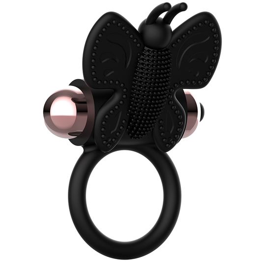 Black butterfly-shaped ring with rose gold accents on a white background