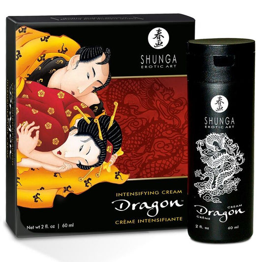 Shunga Dragon Intensifying Cream packaging with artistic design on box and black container.