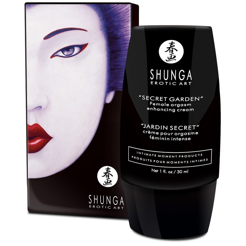 Shunga Secret Garden cream packaging with a woman's face on the box