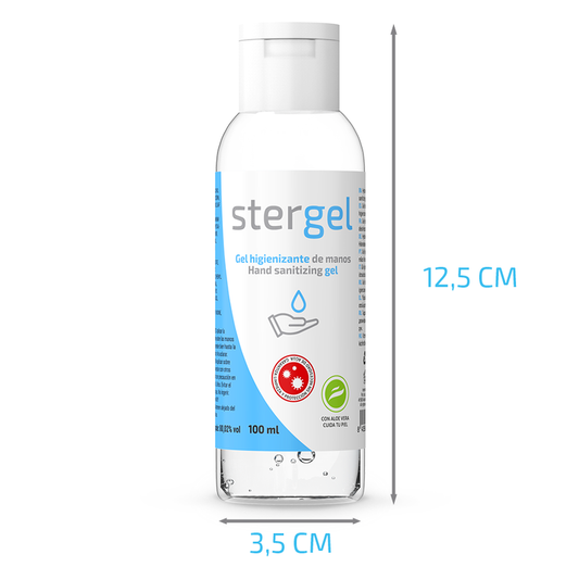 Hand sanitizing gel bottle with dimensions labeled on a white background
