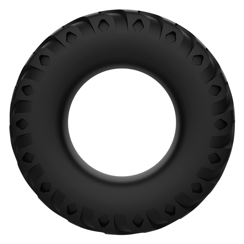 Black tire with tread pattern on a white background