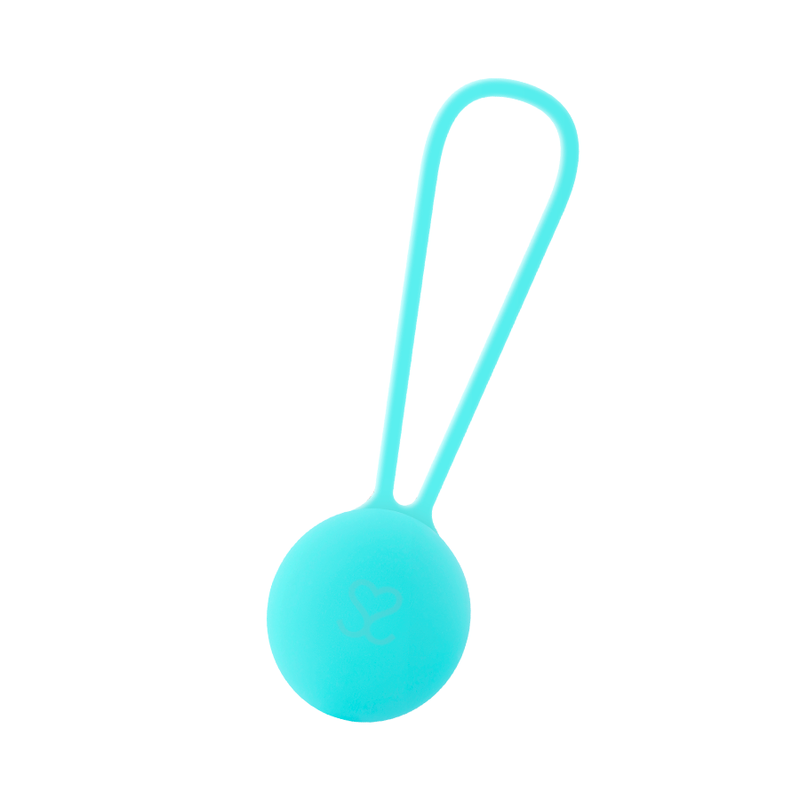 Turquoise silicone ball with a loop on a white background