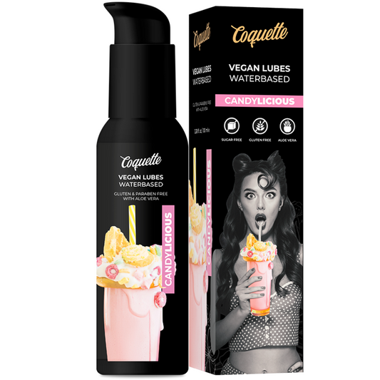 Coquette Vegan Lubes Waterbased Candylicious product and packaging on a white background
