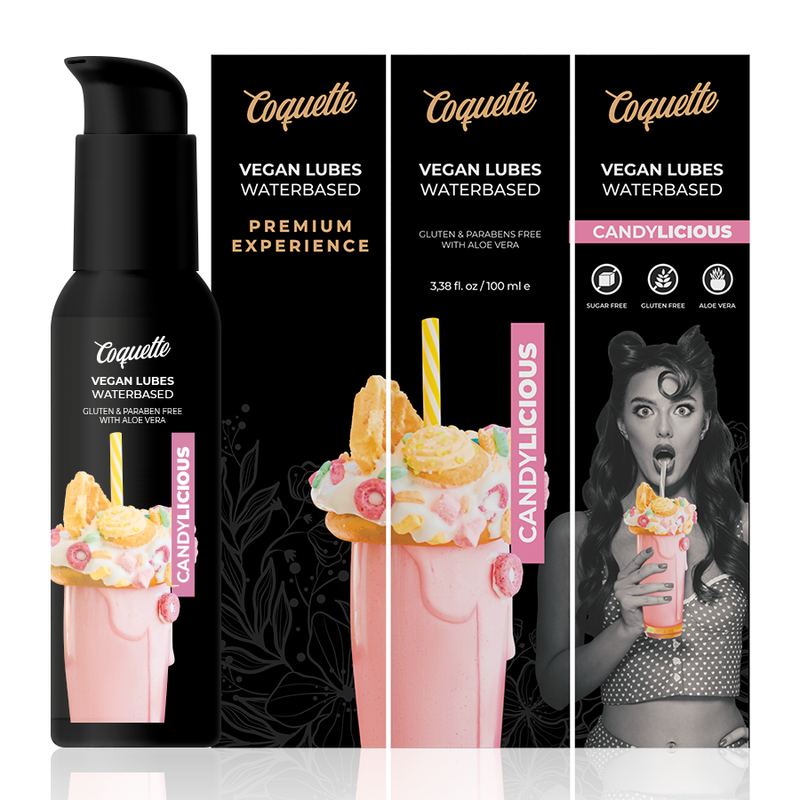 Coquette vegan lubes packaging with a bottle and boxes featuring a candy-themed design.