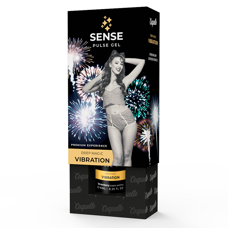 Sense Pulse Gel packaging with a model and fireworks on a black background