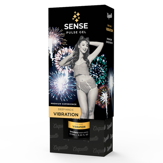 Sense Pulse Gel packaging with a model and fireworks on a black background