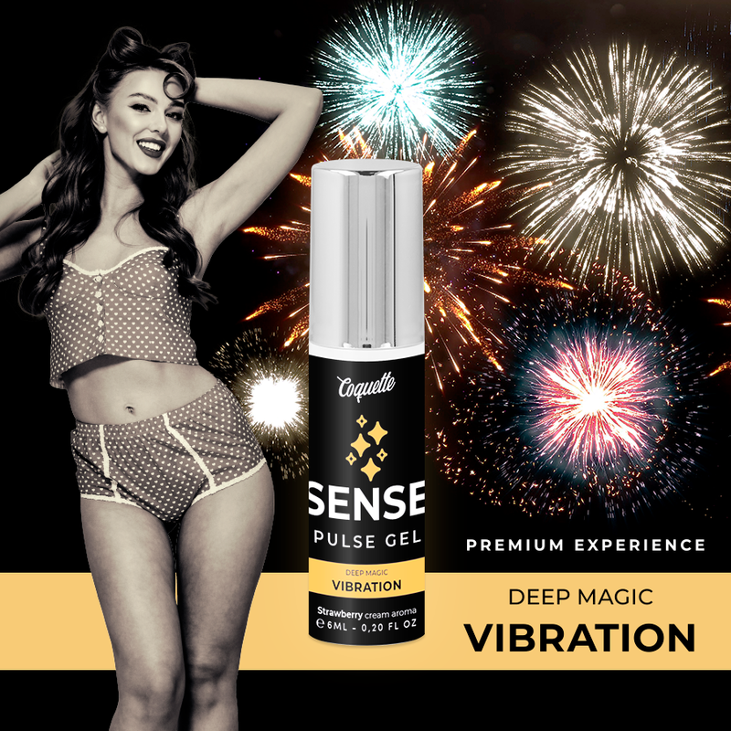 Coquette Sense Pulse Gel with fireworks and a model in lingerie