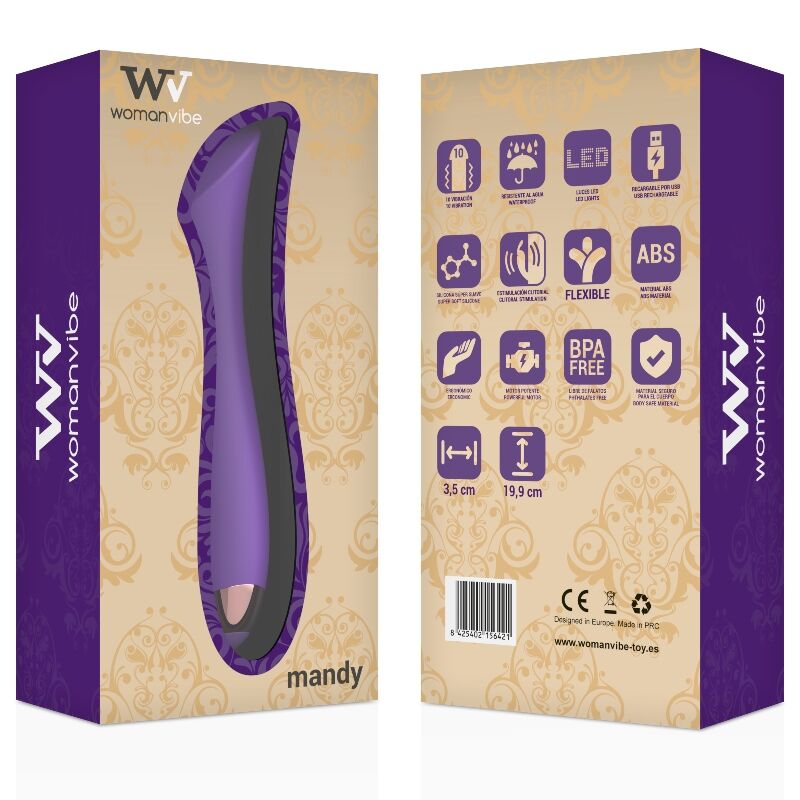 Purple electronic device packaging with 'WomanVibe' branding on a beige background