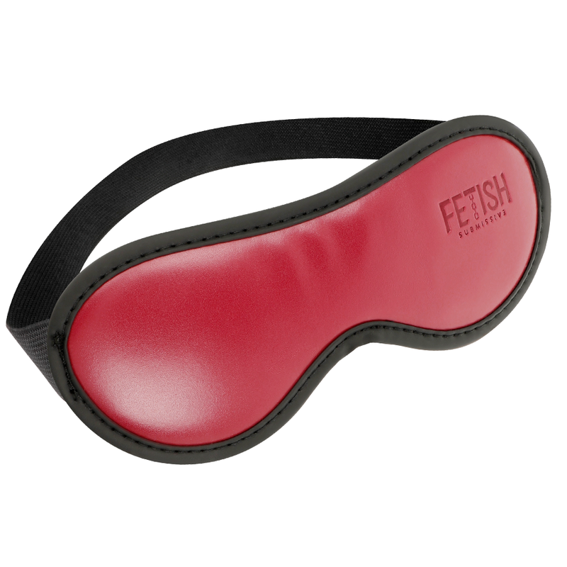 Red eye mask with black strap on a white background