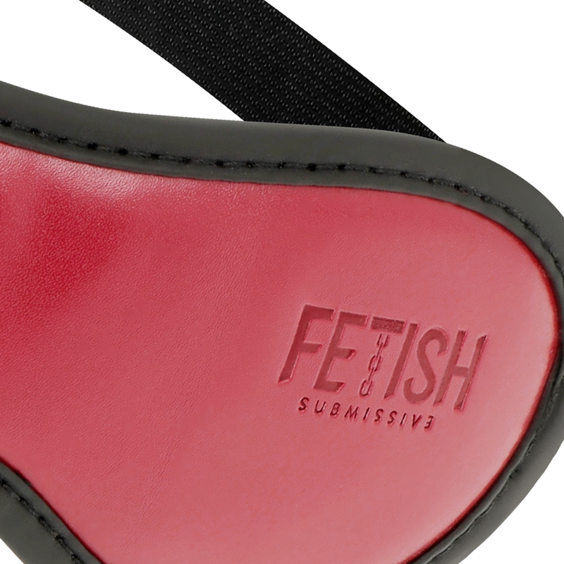 Red leather blindfold with 'Fetish Submissive' branding on a white background