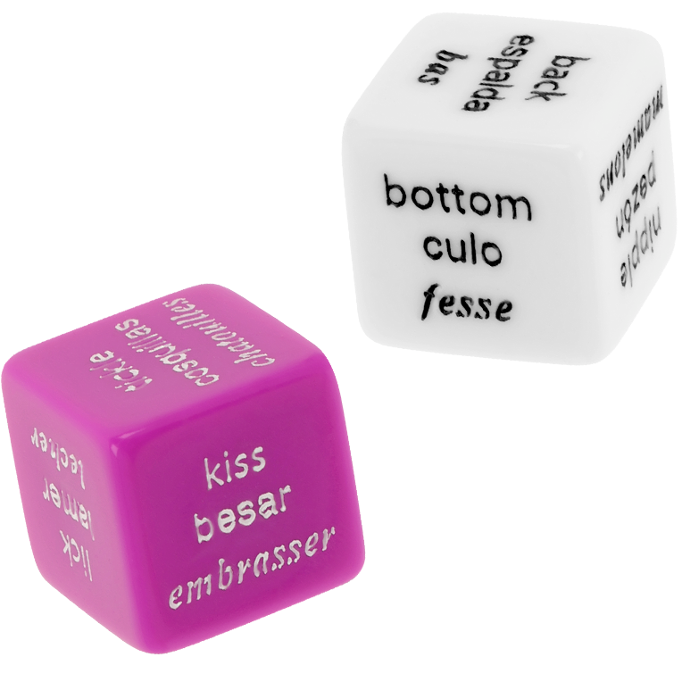 Two dice, one purple and one white, with sexual innuendos on a white background.
