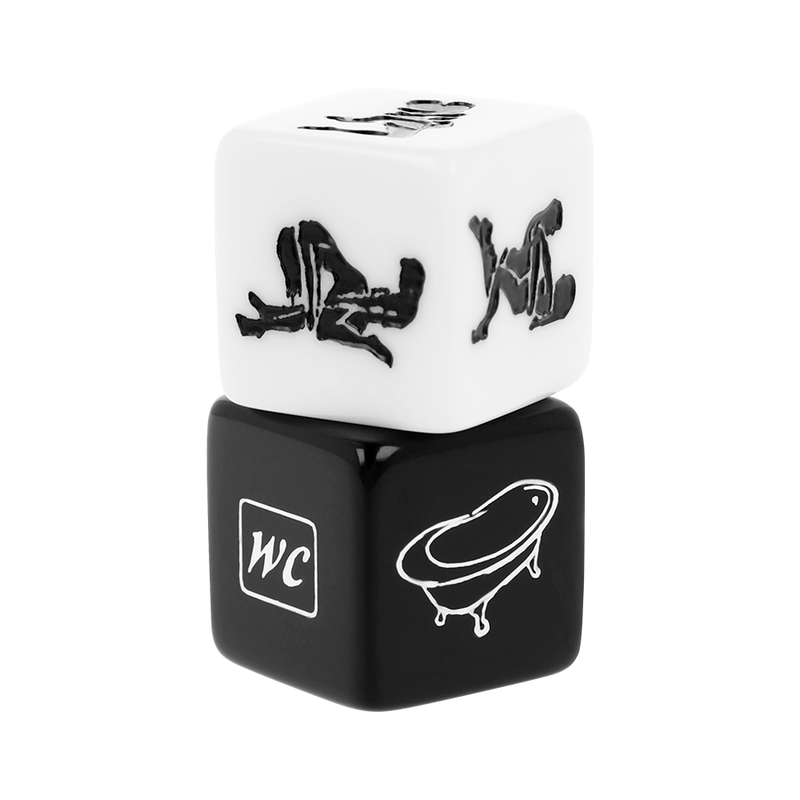 Two dice, one white with black symbols and the other black with white symbols, on a white background.